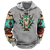 Mens Western Cowboy Hoodie Retro Cow Skull Aztec Graphic Hooded Sweatshirt Casual Long Sleeve Drawstring Pullover