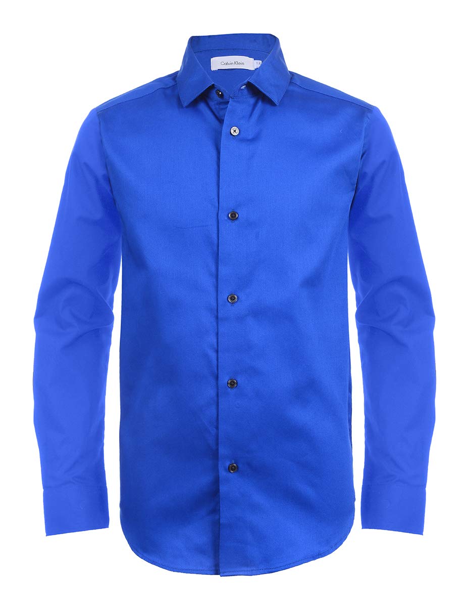 Calvin Klein Boys' Long Sleeve Sateen Dress Shirt, Style with Buttoned Cuffs & Shirttail Hem