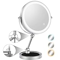 Lighted Makeup Mirror - Tabletop Standing Mirror, 1X/10X Double Sided 3 Color Dimmable Magnifying Mirror, Height Adjustable 8