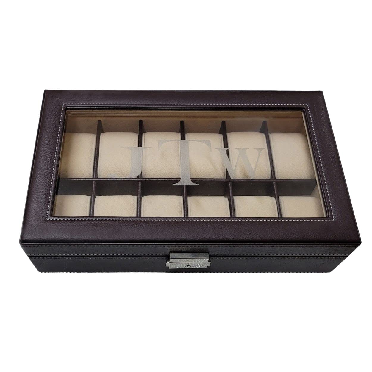 TIMELYBUYS Personalized 12 Slot Chocolate Brown Leatherette Men's Watch Box Display Case Collection Jewelry Box Storage Engraved Glass Top