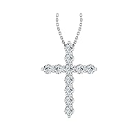 14k White Gold timeless cross pendant beautifully set with 11 glistening round white diamonds, (1/2 ct t.w., H-I Color, I1 Clarity), hanging on a 18