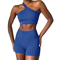 OLCHEE Womens One Shoulder Workout Sets 2 Piece - Seamless Ribbed Gym Outfits Crop Top and Mini Shorts Matching Yoga Clothes