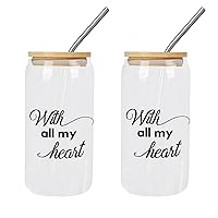 2 Pack Glasses with Bamboo Lids And Straw with All My Heart Glass Cup Cup Happy Mother's Day Cups Great For for Water Tea