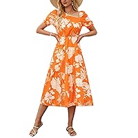 Women's Summer Floral Printed Slant Neckline Short Puff Sleeve Elastic Midi Boho Dress