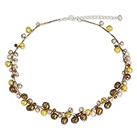 NOVICA Artisan Handmade Cultured Freshwater Pearl Strand Necklace Silk Stainless Steel Glass Bead White Beaded Thailand Birthstone 'River of Gold'