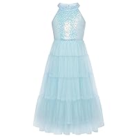 Girls Halter Neck Sequin Dress Sparkly Formal Party Prom Pageant Graduation Tulle Dresses Size 5-12