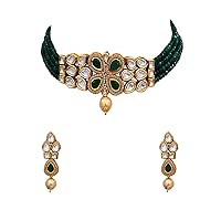 Indian Traditional Choker Necklace Earrings Set Gold Plated Kundan Stone Handcrafted Fashion Jewellery for Women Girls