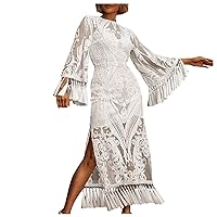 Womens White Lace Cocktail Dresses 2024 Trendy Bell Long Sleeve Fringe Long Dress High Neck Formal Gown Evening Dresses