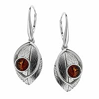 Leaf Touch Collection Cognac Color Baltic Amber Earrings in Sterling Silver