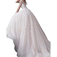 A-Line Wedding Dresses Jewel Neck Court Train Tulle Polyester Long Sleeve Plus Size