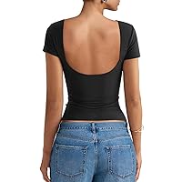 Women Open Back Top Double Lined Short Sleeve Crewneck T Shirts Basic Tee
