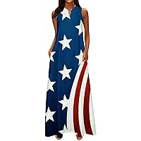 July 4th Womens Patriotic V Neck Sleeveless Long Maxi Dress Summer Stars Stripes Swing Tank Dresses with Pockets