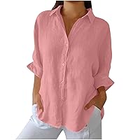 Womens Button Down Cotton Linen Shirt Plus Size 3/4 Sleeve Blouse Loose Fit Casual V-Neck Tops Back Slit Tie Knot Shirts