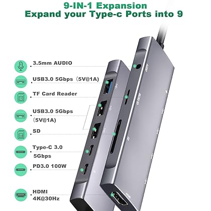 USB C Hub Multiport Adapter 9 in 1 Docking Station USB C to 4K HDMI Adapter with 3 USB3.0,Audio,Tf/Sd Card Reader,100W PD Charger,USB-C Port Compatible for MacBook Laptops More Type C Devices