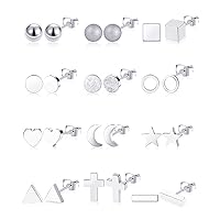Tornito 12 Pairs Stud Earrings Geometric Earring Set Stainless Steel Heart Triangle Square Cross Star Moon Mini Bar Cute CZ Ball Stackable Helix Cartilage Earring Silver Rose Gold Tone for Women Men
