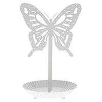 Top Brass Butterfly Earring Holder Organizer Metal Standing Jewelry Tree Display with Ring Tray (White)