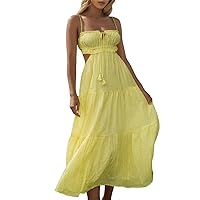 Women's Sexy Strappy Long Dress Summer Solid Backless A-Line Beach Tube Sundress Elegant Layered Fashion Tank Dresses