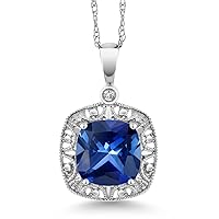 Gem Stone King 10K White Gold Blue Created Sapphire and Diamond Accent Pendant Necklace For Women (2.50 Cttw, Cushion 8MM, With 18 Inch Chain)