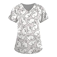 Scrub Tops Women Print Cartoon Pattern Turtleneck Short Sleeve T-Shirt Fashion Womens Short Sleeve Tee Shirt