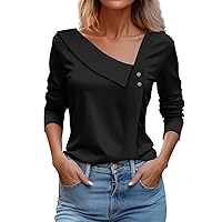 Womens Blouses for Work Professional Solid Long Sleeve Basic Shirts Asymmetric Lapel Neck Button Casual Work Tops