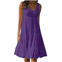 Vacation Dresses for Women Trendy Tiered Tank A Line Dress Plain Solid Color Loose Casual Sleeveless Sundresses