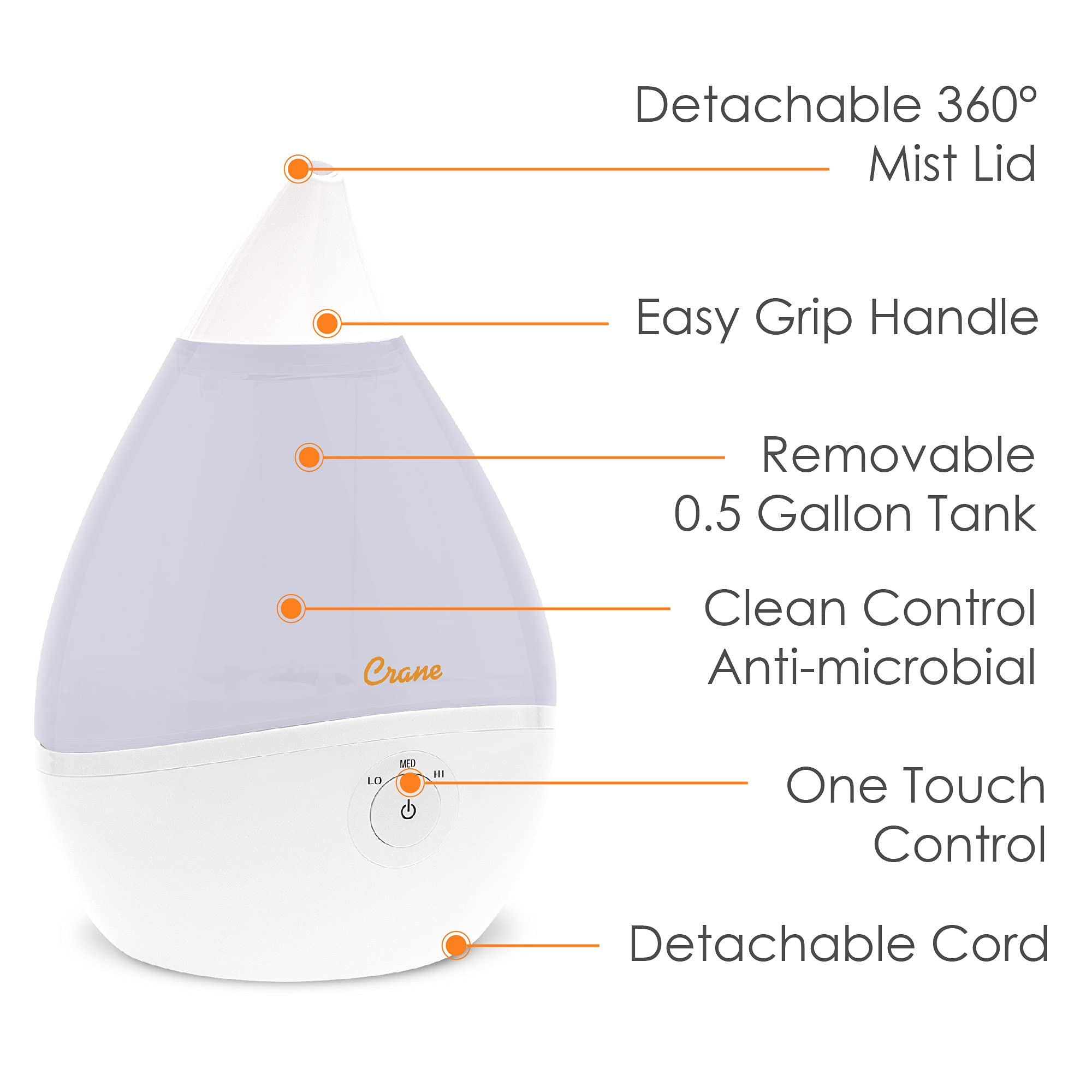 Crane Droplet Ultrasonic Small Air Humidifiers for Bedroom and Office, 5 Gallon Cool Mist Humidifier for Plants and Home, Humidifier Filters Optional, White