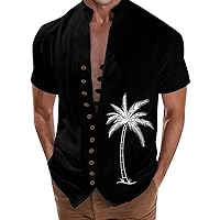 Beach Holiday Shirt Mens Cuff Button Stand Collar Shirt Mock Neck T Shirt