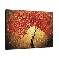 Wieco Art Red Flowers Oil Paintings Reproduction on Canvas Wall Art Ready to Hang for Bedroom Kitchen Decoration Large Modern 100% Hand Painted Stretched and Framed Pretty Abstract Floral Artwork