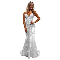 Maxianever Plus Size Lace Bodycon Sequin Mermaid Prom Dresses Long Sparkly Spaghetti Straps Formal Evening Gowns Backless Silver US20 Plus