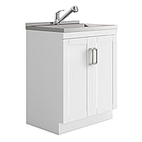 SIMPLIHOME Kyle Transitional 28 Inch Laundry Cabinet with Faucet and Stainless Steel Sink in White, For the Laundry Room and Utility Room
