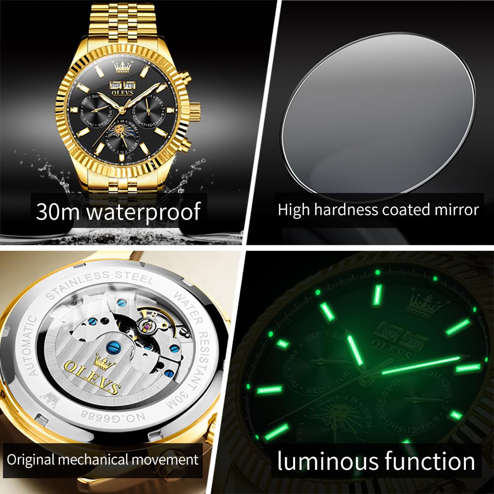 OUPINKE Herren Uhren Luxus Automatische Mechanische Armbanduhr Selbstaufzug Mondphase Leuchtend Wasserdicht Edelstahl Armband