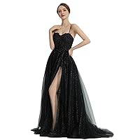 A-Line Black Prom Dress Glittering Gown Floor Length Sleeveless Sweetheart Tulle Long Formal Dresses