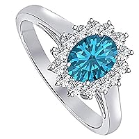 Princess Diana Inspired Oval Shape Swiss Blue Topaz & CZ Diamond Halo 14k White Gold Over .925 Saterling Silver Cluster Ring