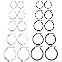 5-10 Pairs Silver Black Hoop Earrings for Women, Small Stainless Steel Hypoallergenic Earrings Set Mens Girls Lightweight Nickel Free Cartilage Earings