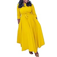Sexyshine Women's Casual Round Neck 3/4 Long Sleeve Maxi Dress A-Line Self Tie High Waist Flare Pleated Swing Long Dresses