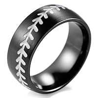 Men's 8mm Plated Black Domed Titanium Ring with Engraved Baseball Pattern