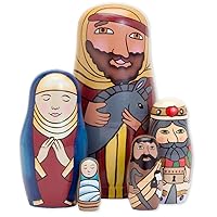 Bits and Pieces - 5pc Nesting Doll Holy Family -The Nativity Family Hand Painted Hand Made Wooden Nesting Dolls Matryoshka Nativity Figurines - Set of 5 Dolls from 5.5