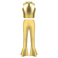 Kids Girls Metallic Mock Neck Tank Crop Top and Bell-Bottoms Legging Pants Set Disco Jazz Dance Performance Outfit