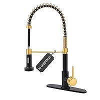 Commercial Pull Down Kitchen Sink Faucet with Dual Function Sprayer, Single Handle Spring Faucets with Deck Plate, High Arc Kitchen Faucet for 1 OR 3 Hole Easy Installation (Gold & Black)