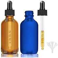 Glass Dropper Bottles, 2 oz Amber and Blue Dropper Bottle for Essential Oils Bottles with Funnel, Labels & Pipette, 2 pack Eye Tincture Bottle with Measured Dropper