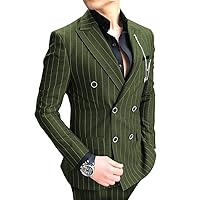 Casual Men's Suit Slim Fit 2 Piece Business Striped Wool Double Breasted Jacket Prom Tuxedos Blazer Pants