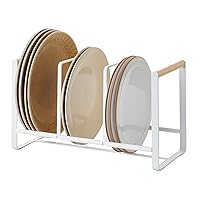 YAMAZAKI Plate Home Accented Storage Rack-Kitchen Holder Stand | Steel + Wood | Large | Dish Organizer, White
