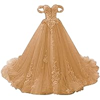 Women's Off The Shoulder Sweet 16 Quinceanera Dresses Lace Long Prom Ball Gowns Gold