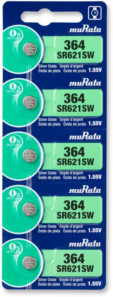 Murata 364 Battery SR621SW 1.55V Silver Oxide Watch Button Cell (5 Batteries)