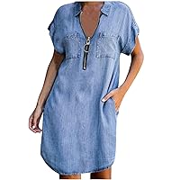 Womens Zipper Midi Denim Dress Slim Fit Lapel Short Sleeve T-Shirt Dress V Neck Distressed Jean Dresses Tunic Dresses