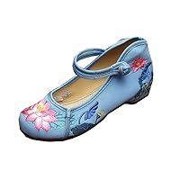 Chinese Embroidery Lotus Oxfords Sole Girls Mary Jane Plarform Shoes Blue