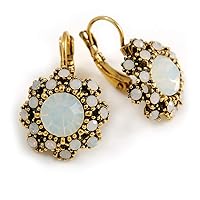 Delicate Milky White Flower Drop Earrings In Gold Tone Metal with Leverback Clasp - 25mm Long