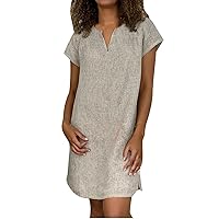 Cotton Linen Dress for Women V Neck Short Sleeve Tunic Sundress Lightweight Soft T-Shirt Dresses Solid Mini Dress