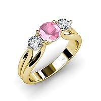 Pink Tourmaline and Side Diamond Three Stone Ring with Thick Shank 1.75 ct tw in 14K Gold