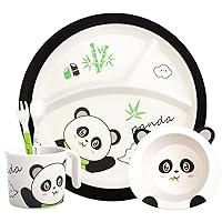 Bamboo Toddler Dinnerware Set,5Pcs Baby Plates and Bowls,Kids Dinnerware Set,Bamboo Kids Plates and Bowls Set,Christmas Kids Dishes Dinnerware Sets with Plate,Bowl,Cup,Fork and Spoon (Panda)